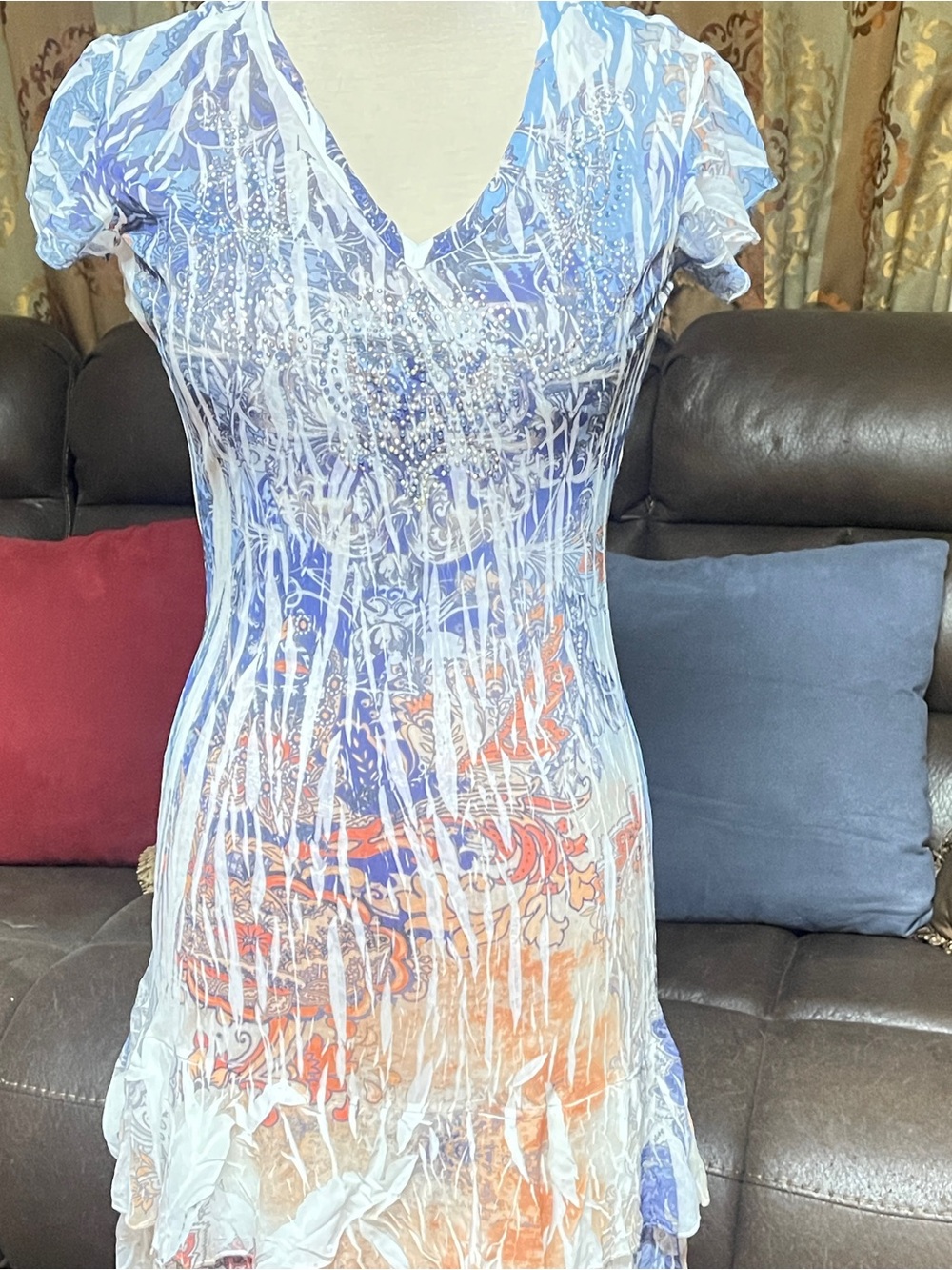 Reba Blue, White & Orange Tiered bottom dress size Small